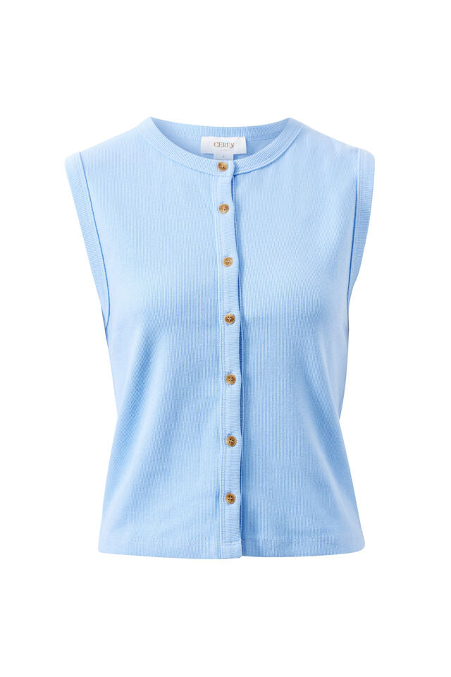 Lyla Button Through Rib Tank - Sky Blue