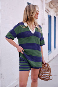 Mara Textured Knit Short - Basil Stripe. Ceres Life