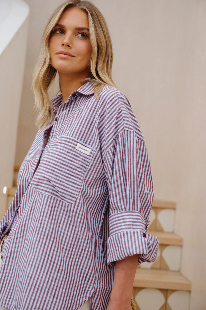 Miya Shirt - Burgundy Blue Small Stripe