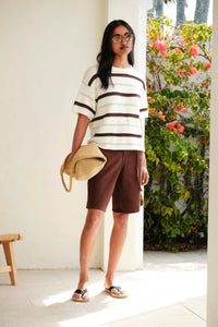 Nellie Boxy Knit Tee - Milk Brunette Wide Stripe