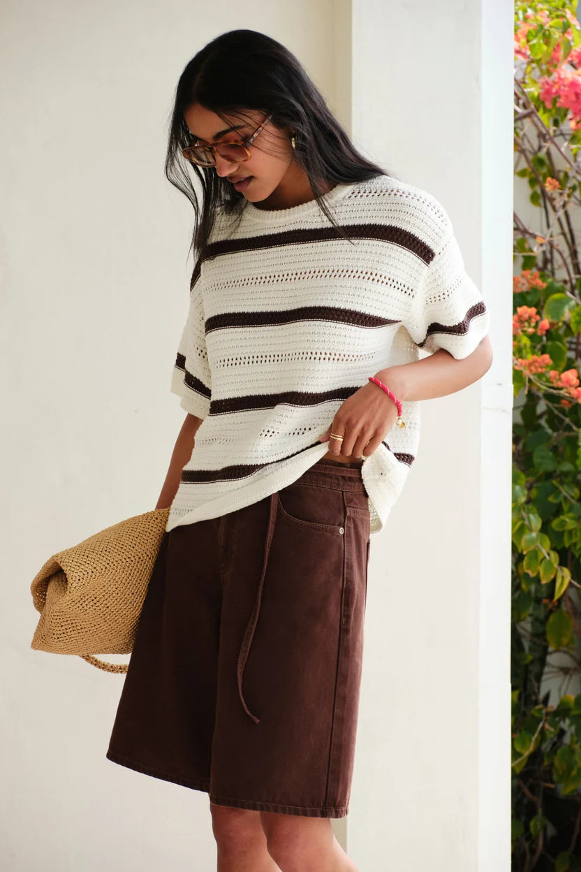 Nellie Boxy Knit Tee - Milk Brunette Wide Stripe