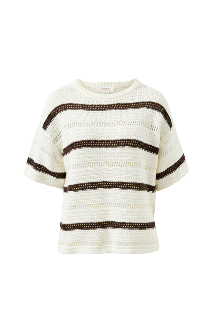 Nellie Boxy Knit Tee - Milk Brunette Wide Stripe