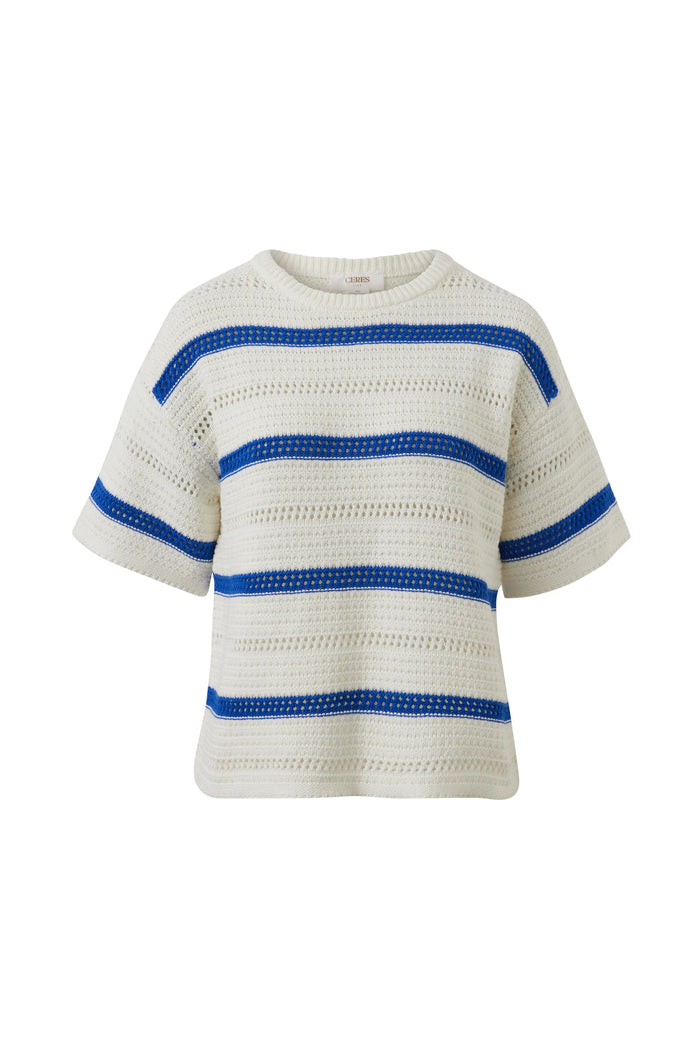 Nellie Boxy Knit Tee - Milk Klein Blue Wide Stripe