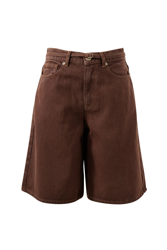 Olive Belted Denim Short - Chocolate