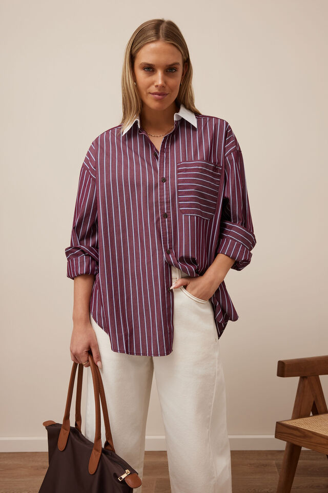 PETA OVERBURGUNDY WASHED NAVY STRIPE WHITE COLLAR