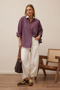 PETA OVERBURGUNDY WASHED NAVY STRIPE WHITE COLLAR