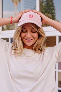 Pip Everyday Cap - Chalk Pink/Red Monogram Embroidery. Ceres Life