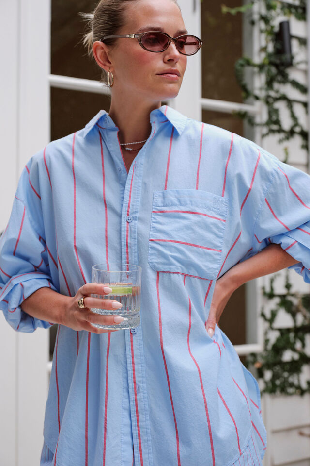 Peta Oversized Shirt - Fresh Blue Red Bold Stripe. Ceres Life