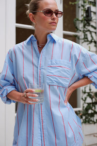 Peta Oversized Shirt - Fresh Blue Red Bold Stripe. Ceres Life