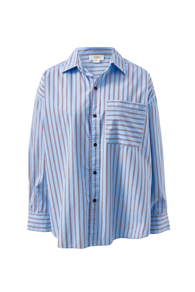 Peta Oversized Shirt - Sky Blue Burgundy Stripe. Ceres Life