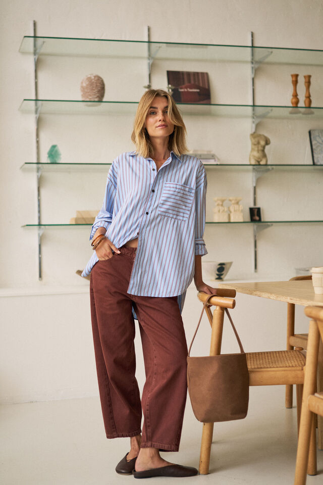 Peta Oversized Shirt - Sky Blue Burgundy Stripe. Ceres Life