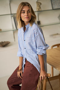 Peta Oversized Shirt - Sky Blue Burgundy Stripe. Ceres Life