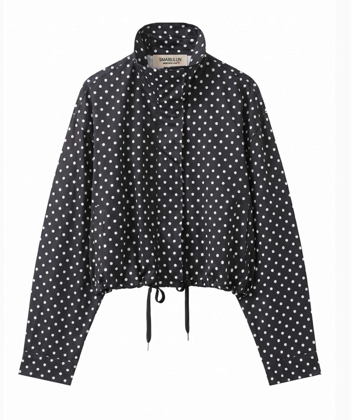 Polka Dot Funnel Neck Drawstring Jacket - Black/White. Sare Store