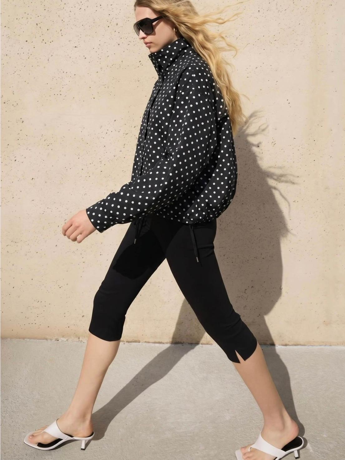 Polka Dot Funnel Neck Drawstring Jacket - Black/White. Sare Store