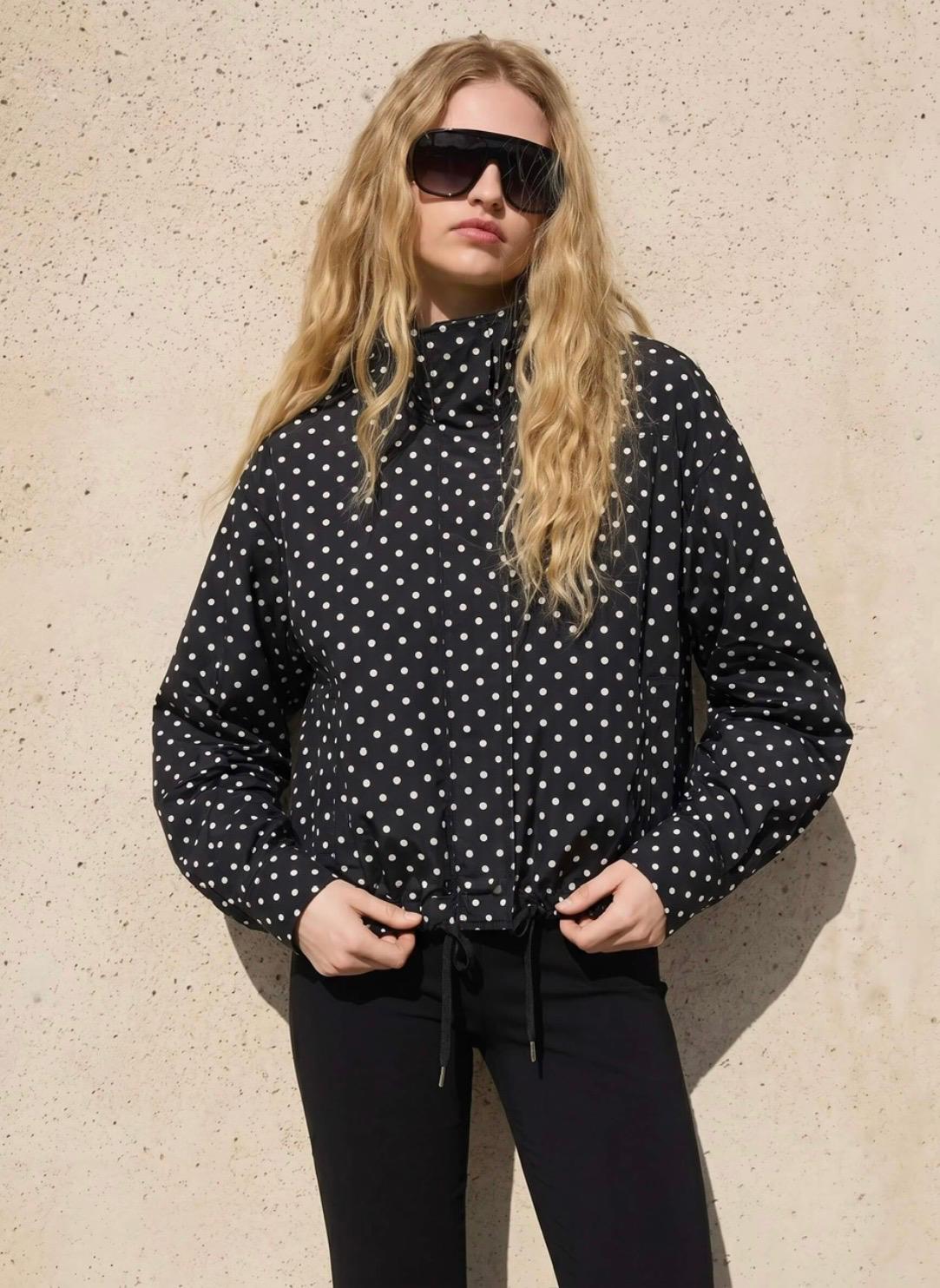 Polka Dot Funnel Neck Drawstring Jacket - Black/White. Sare Store