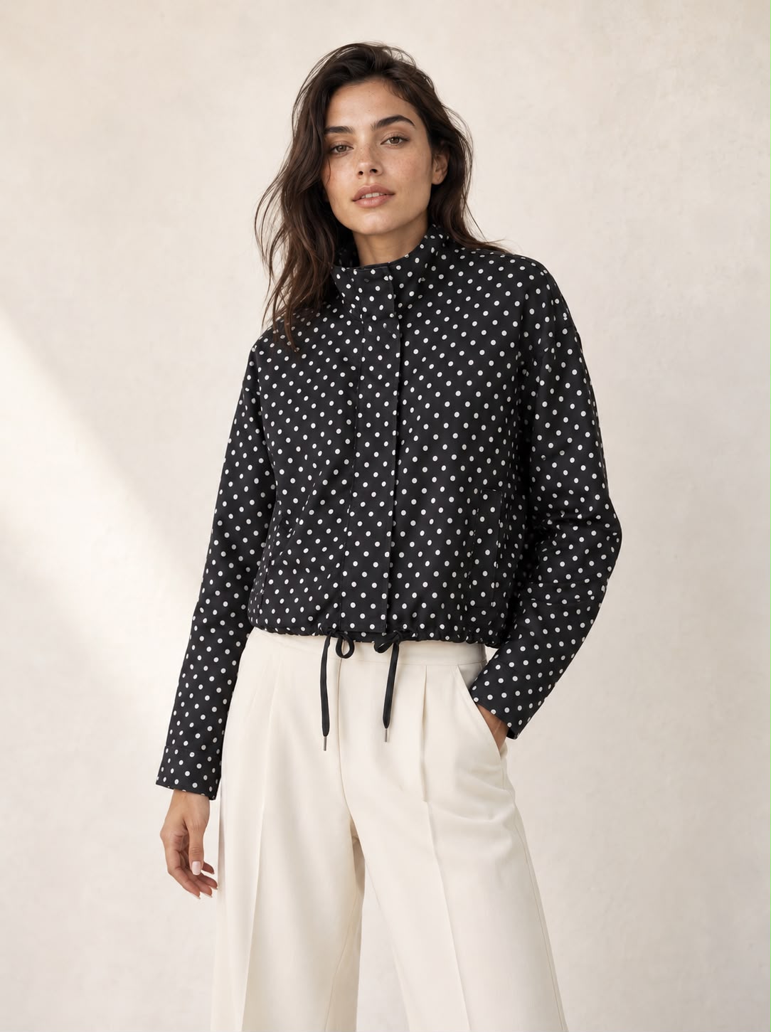 Polka Dot Funnel Neck Drawstring Jacket - Black/White. Sare Store