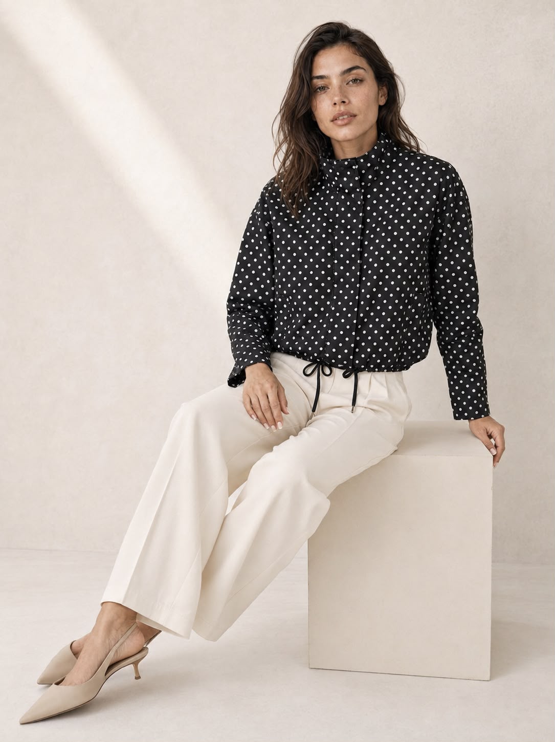 Polka Dot Funnel Neck Drawstring Jacket - Black/White. Sare Store