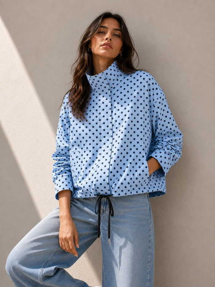 Polka Dot Funnel Neck Spray Jacket – Powder Blue. Sare Store