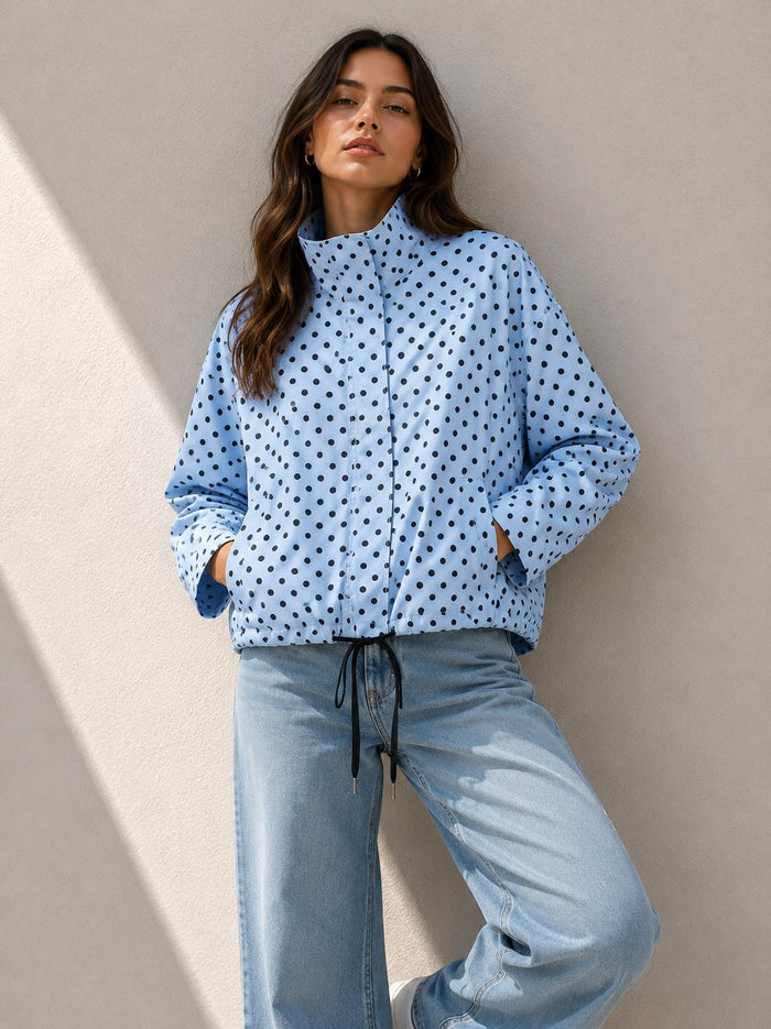 Polka Dot Funnel Neck Spray Jacket – Powder Blue. Sare Store