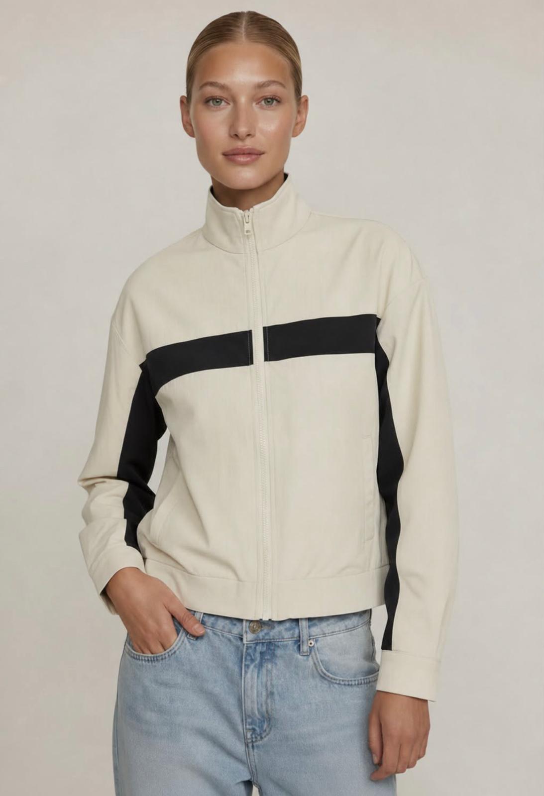 Racer Stripe Zip Front Fully Lined Spray Jacket - Latte/Black. Sare Store