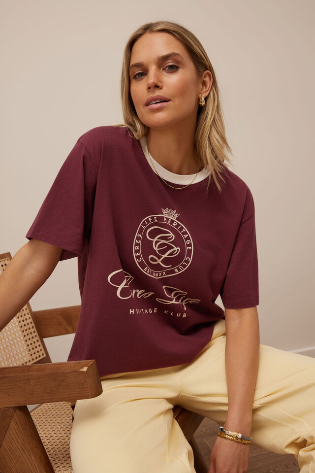 STEVIE SLOUCHY TEE - WASHED BURGUNDY/CLUB LOGO