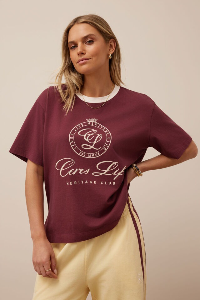 STEVIE SLOUCHY TEE - WASHED BURGUNDY/CLUB LOGO
