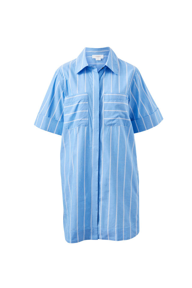 Sara Mini Shirt Dress - Oxford Blue White Stripe. Ceres Life