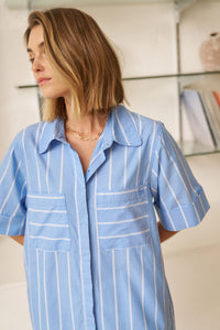 Sara Mini Shirt Dress - Oxford Blue White Stripe. Ceres Life