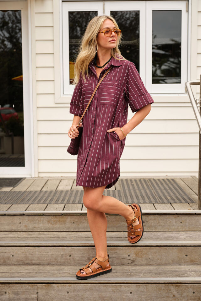 Sara Mini Shirt Dress - Wine Printed Pinstripe. Ceres Life