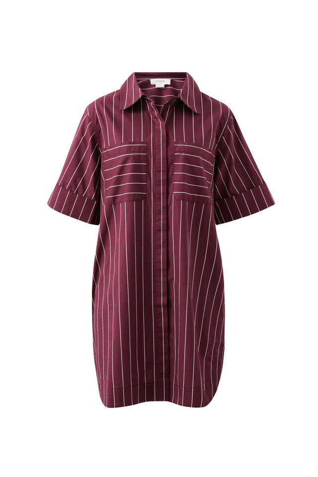 Sara Mini Shirt Dress - Wine Printed Pinstripe. Ceres Life