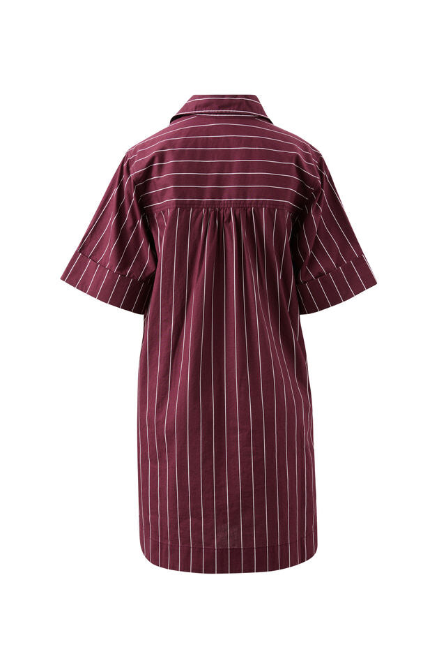Sara Mini Shirt Dress - Wine Printed Pinstripe. Ceres Life