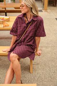 Sara Mini Shirt Dress - Wine Printed Pinstripe. Ceres Life