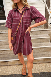 Sara Mini Shirt Dress - Wine Printed Pinstripe. Ceres Life