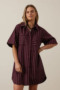Sara Mini Shirt Dress - Wine Printed Pinstripe. Ceres Life