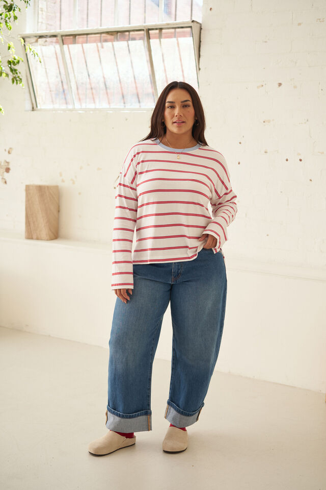 Scout Slouchy Long Sleeve Tee - White/China Blue Chilli Red Stripe. Ceres Life