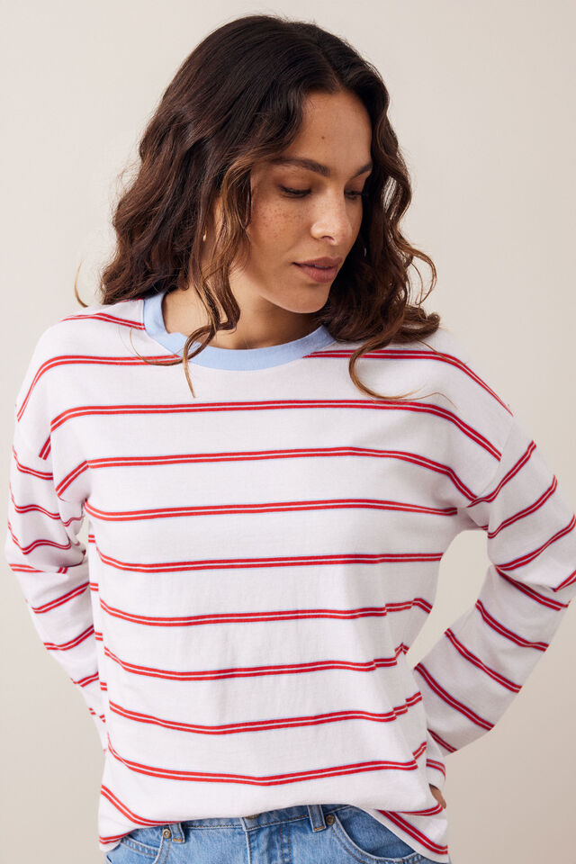 Scout Slouchy Long Sleeve Tee - White/China Blue Chilli Red Stripe. Ceres Life