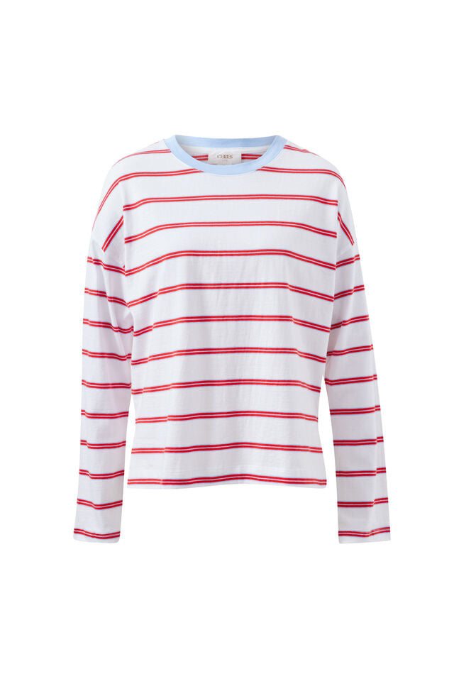 Scout Slouchy Long Sleeve Tee - White/China Blue Chilli Red Stripe. Ceres Life