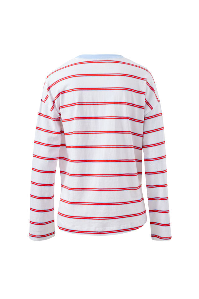Scout Slouchy Long Sleeve Tee - White/China Blue Chilli Red Stripe. Ceres Life