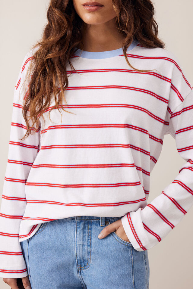 Scout Slouchy Long Sleeve Tee - White/China Blue Chilli Red Stripe. Ceres Life