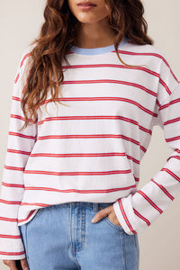 Scout Slouchy Long Sleeve Tee - White/China Blue Chilli Red Stripe. Ceres Life