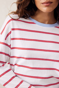 Scout Slouchy Long Sleeve Tee - White/China Blue Chilli Red Stripe. Ceres Life