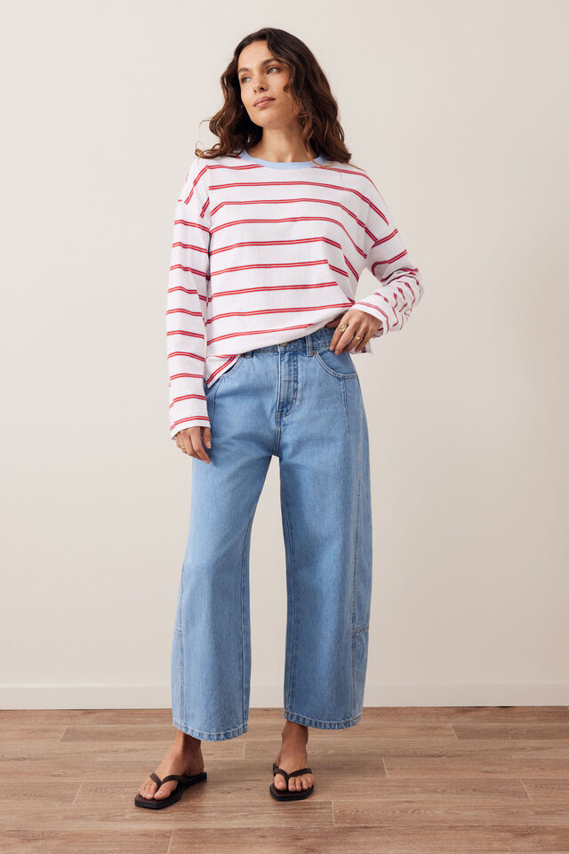 Scout Slouchy Long Sleeve Tee - White/China Blue Chilli Red Stripe. Ceres Life