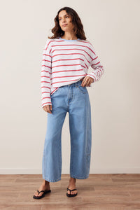 Scout Slouchy Long Sleeve Tee - White/China Blue Chilli Red Stripe. Ceres Life