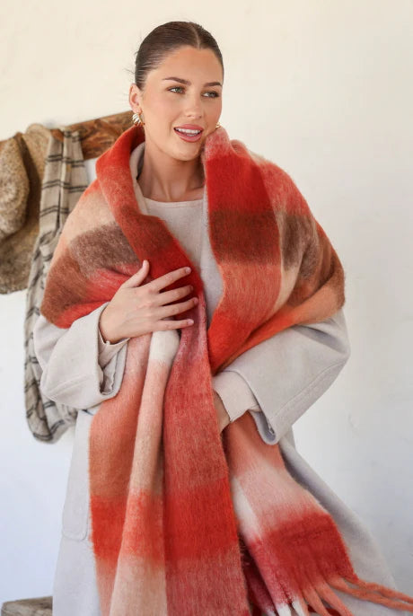 Red, Pink And Brown Scarf With Tassels