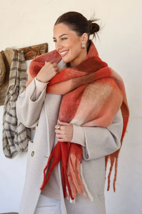 Red, Pink And Brown Scarf With Tassels