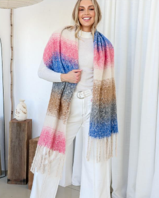 Snuggly Stripe Tassel Scarf -  Pink/Blue/Mocha Multi