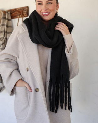 Plain Snuggly Tassel Scarf - Black