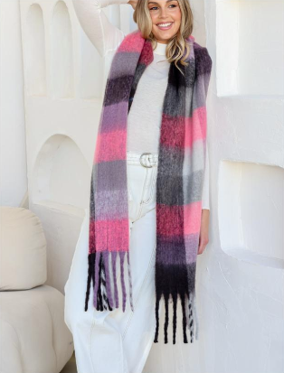 Snuggly Stripe Tassel Scarf - Pink/Lilac/Charcoal Multi