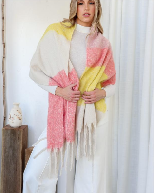 Snuggly Stripe Tassel Scarf - Pink/Latte/Lemon Multi