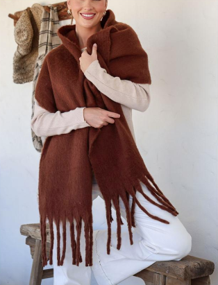 Plain Snuggly Tassel Scarf - Chocolate